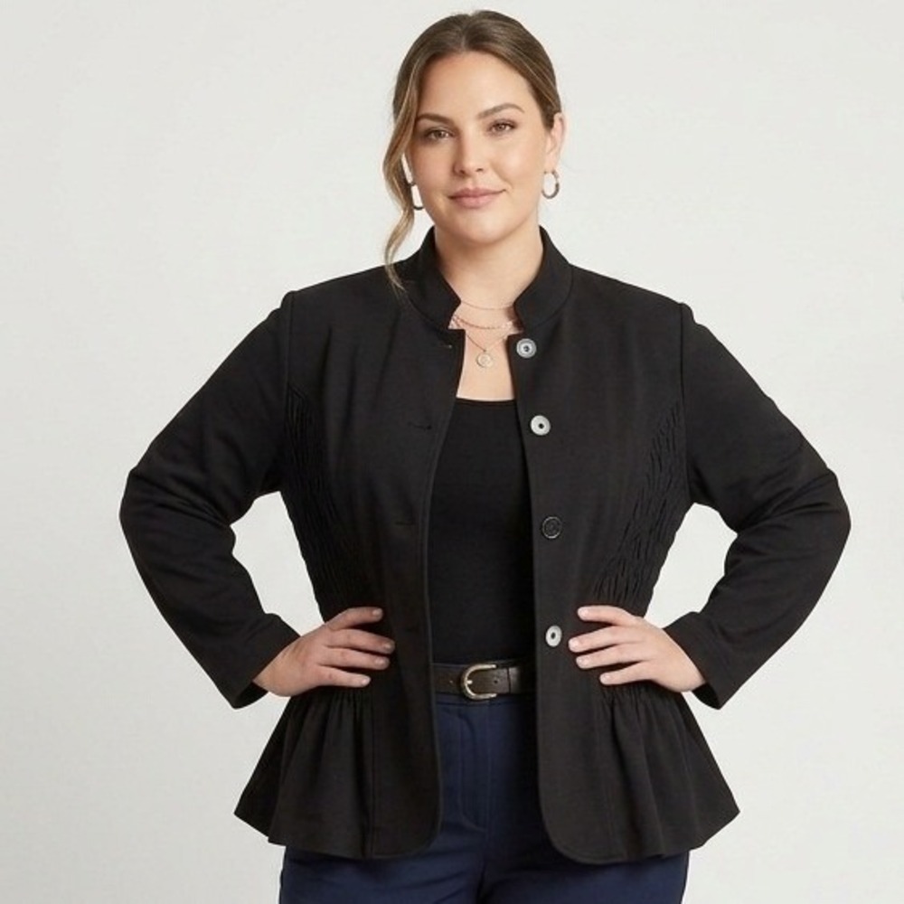Coldwater Creek Smocked Jacket Women 22 Black Mandarin Collar Button Front‎